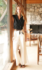 Haisley Linen Lapel Black Vest With Elastic Hem