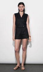 Haisley Linen Lapel Black Vest With Elastic Hem