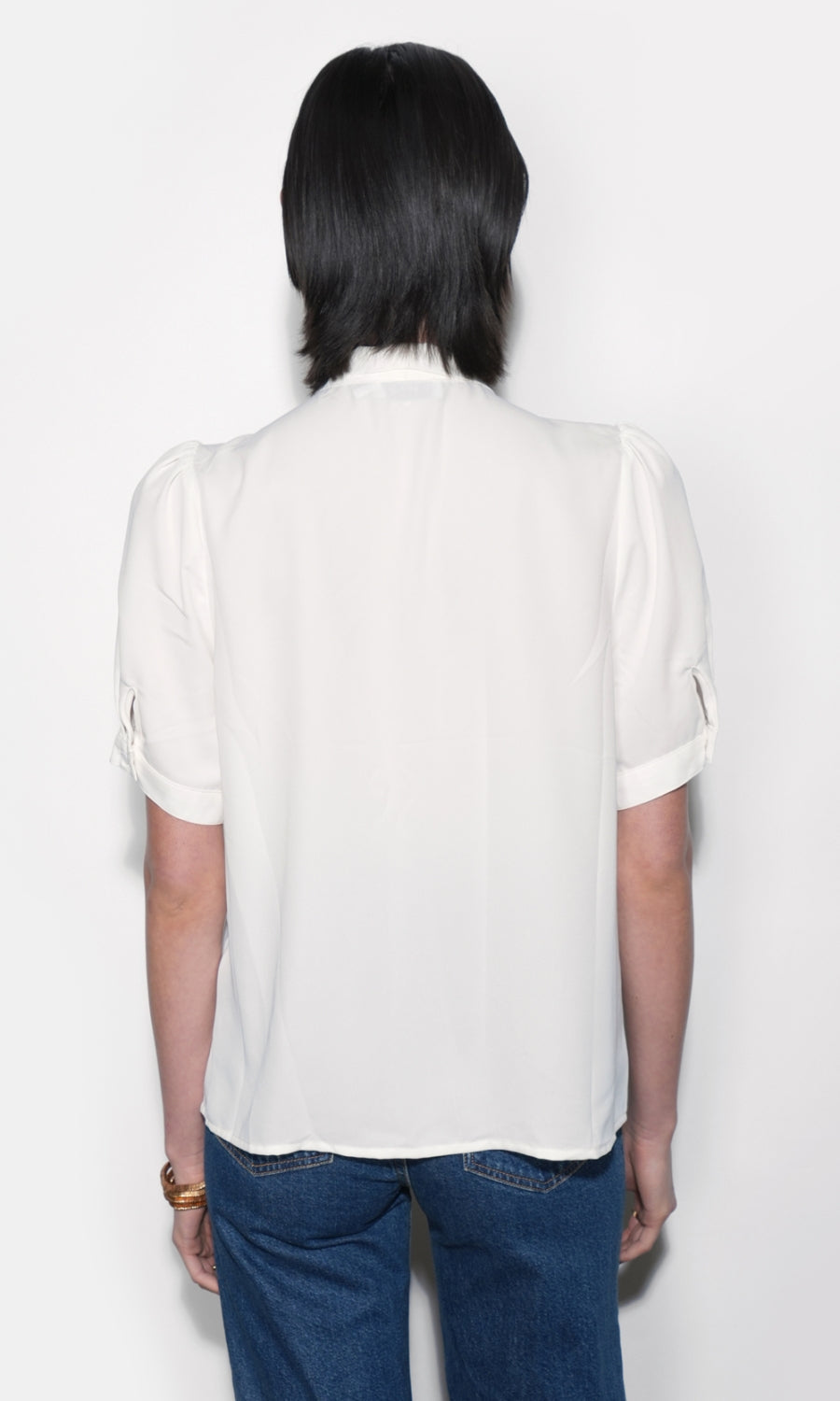 Fatima Pleated Tie Neck Short Sleeve Blouse