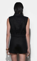 Haisley Linen Lapel Black Vest With Elastic Hem