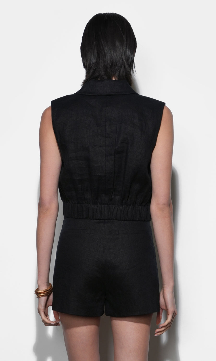 Haisley Linen Lapel Black Vest With Elastic Hem