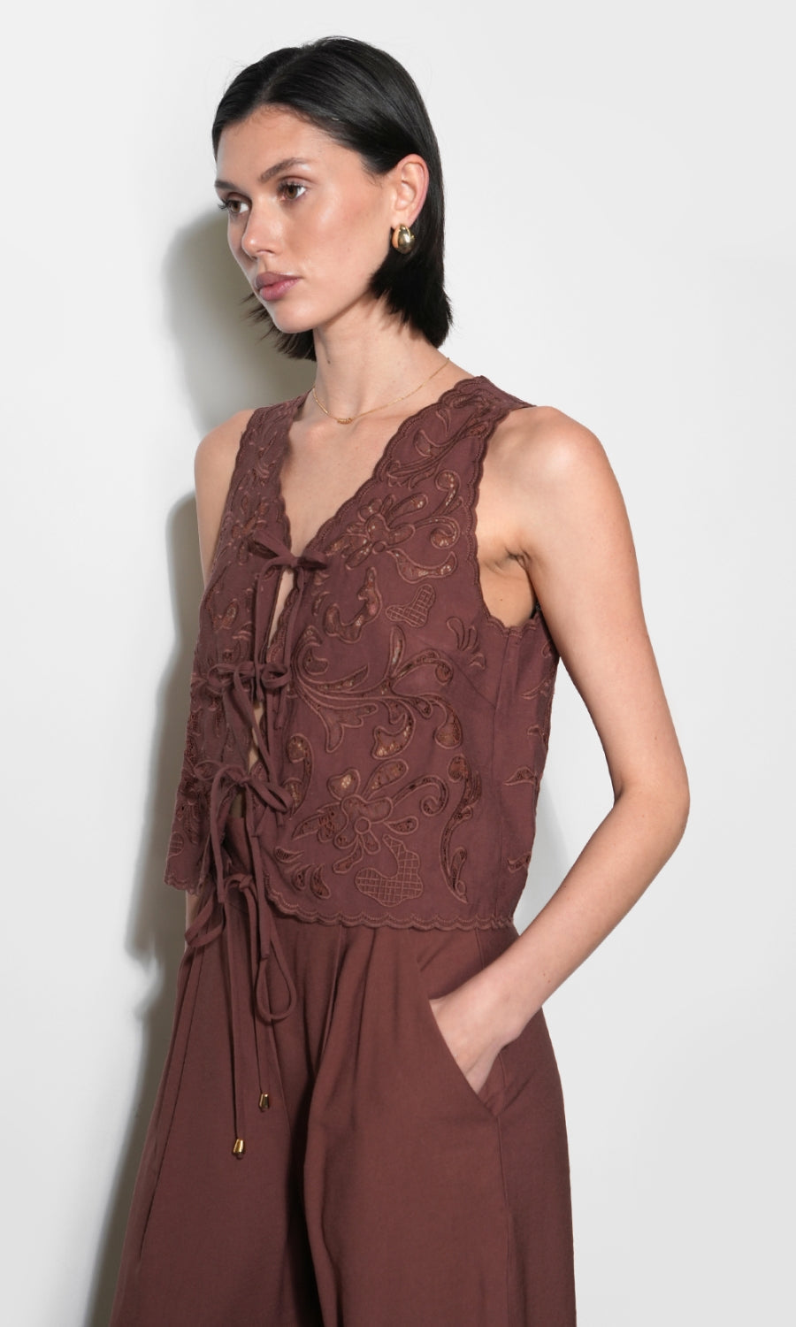 Faye Embroidered Tie Front Vest