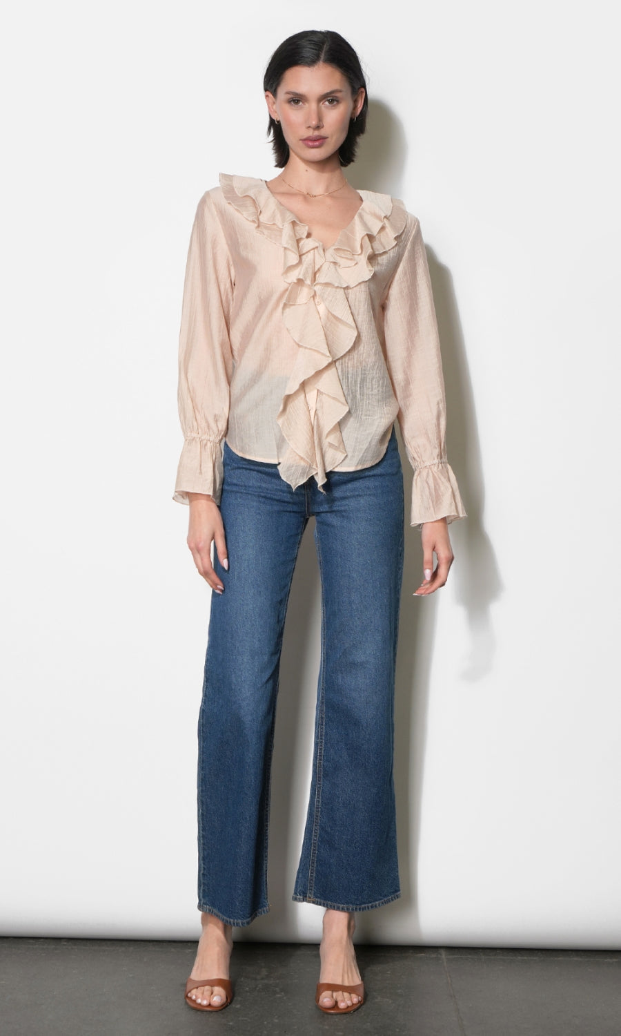 Gemma Cascading Ruffle Button Front Long Sleeve Top