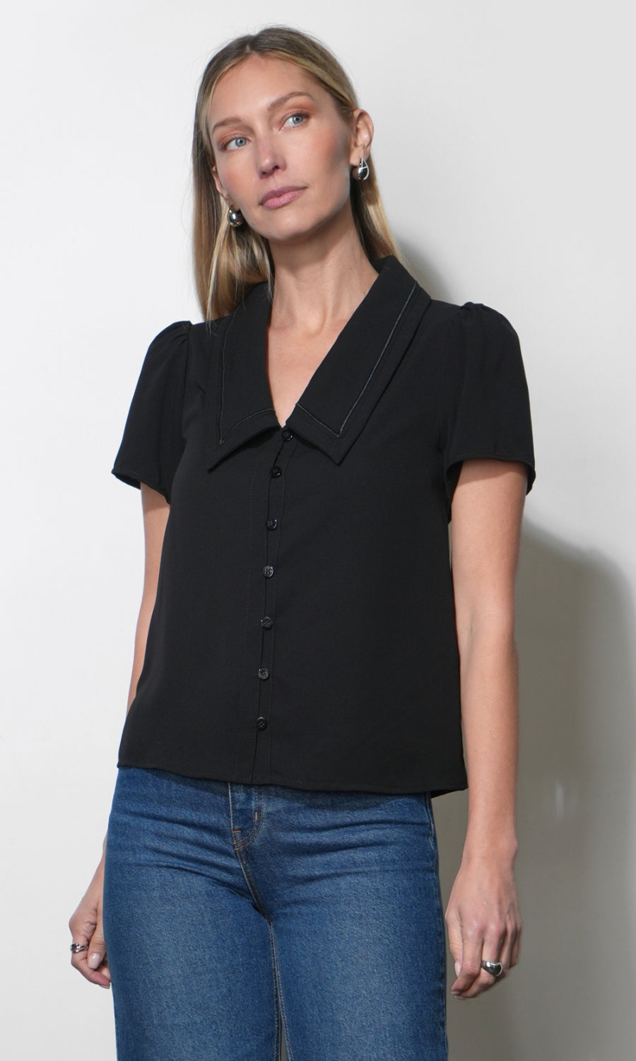 Gaia Sailor Collar Short Sleeve Black Blouse