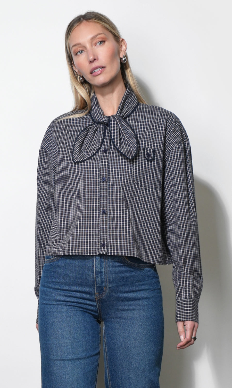 Honey Boxy Tie Neck Checked Button Down Top