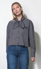 Honey Boxy Tie Neck Checked Button Down Top