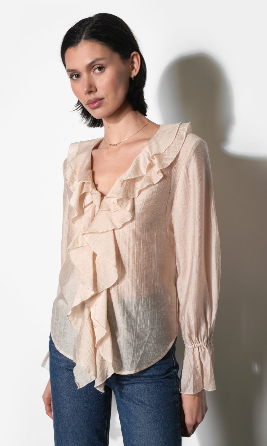 Gemma Cascading Ruffle Button Front Long Sleeve Top