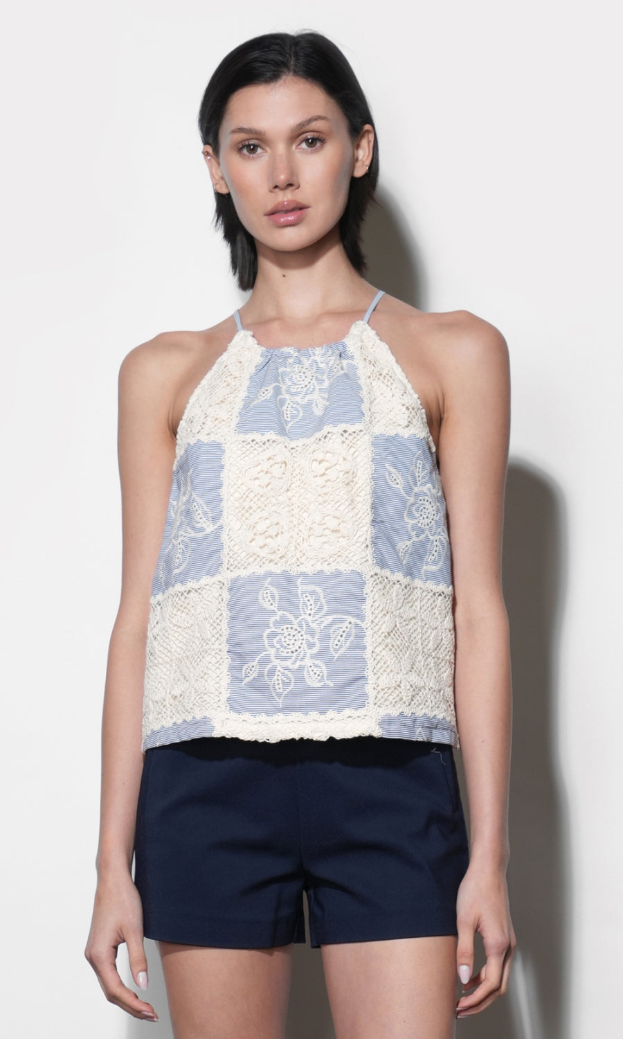 Dakotah Mixed Media Patchwork Halter Top With Tie Back Detail