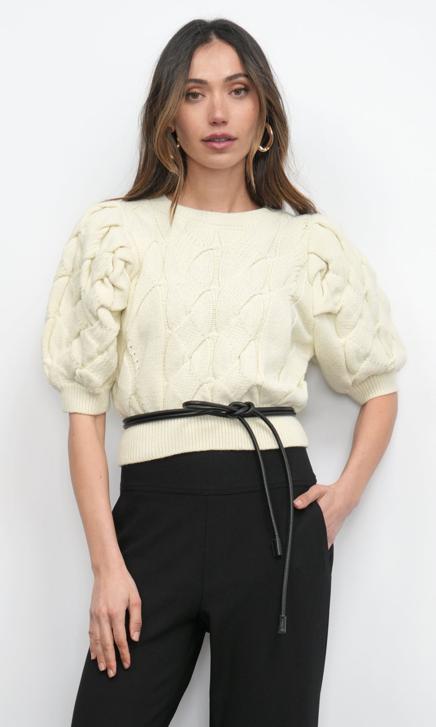 Hallie Cable Knit Puff Sleeve Sweater Top