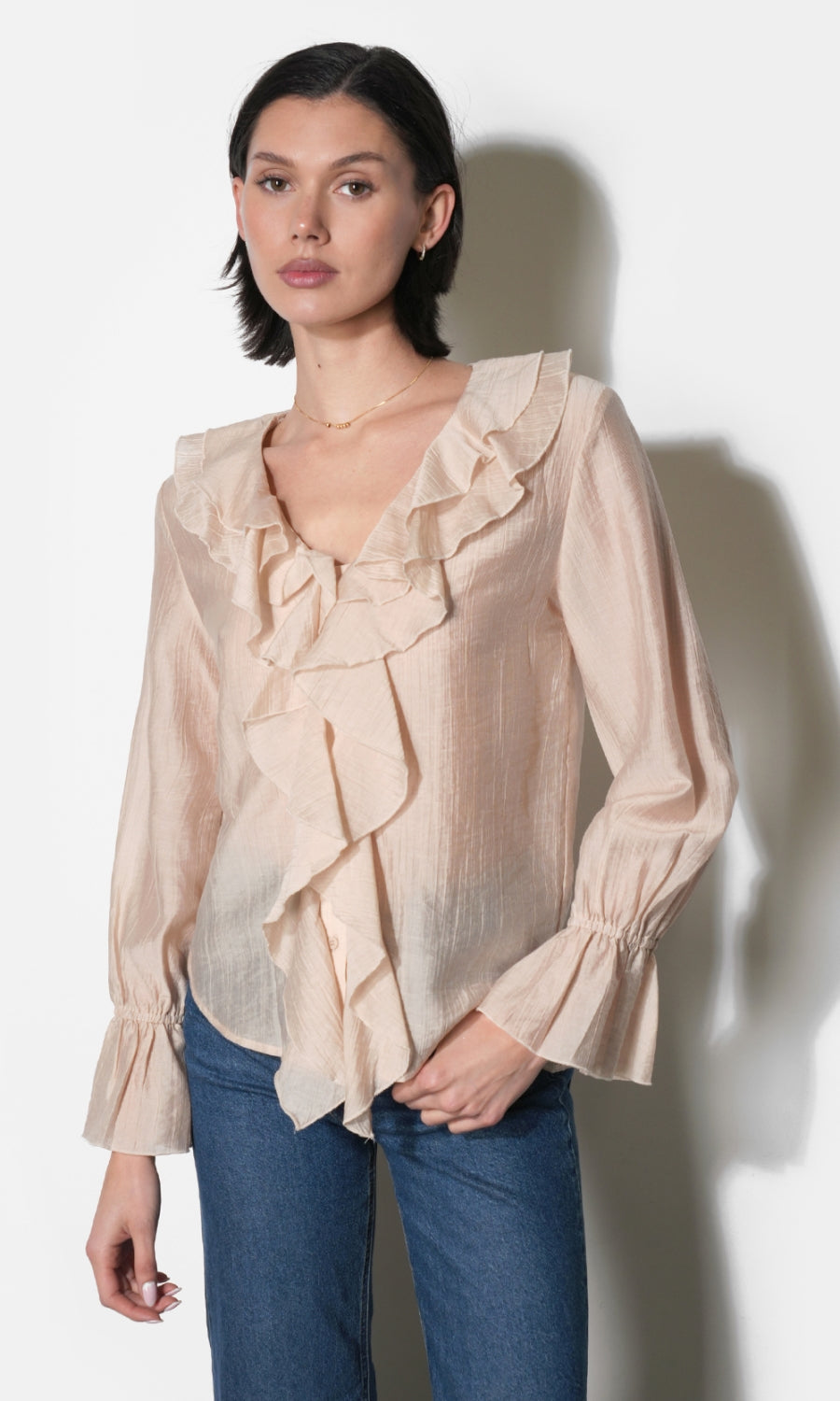 Gemma Cascading Ruffle Button Front Long Sleeve Top