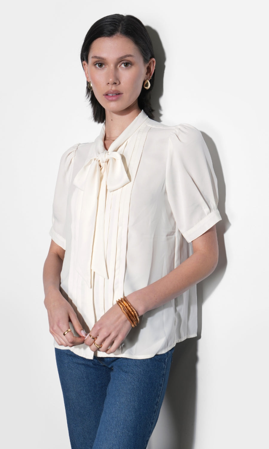 Fatima Pleated Tie Neck Short Sleeve Blouse