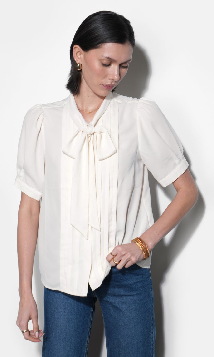 Fatima Pleated Tie Neck Short Sleeve Blouse