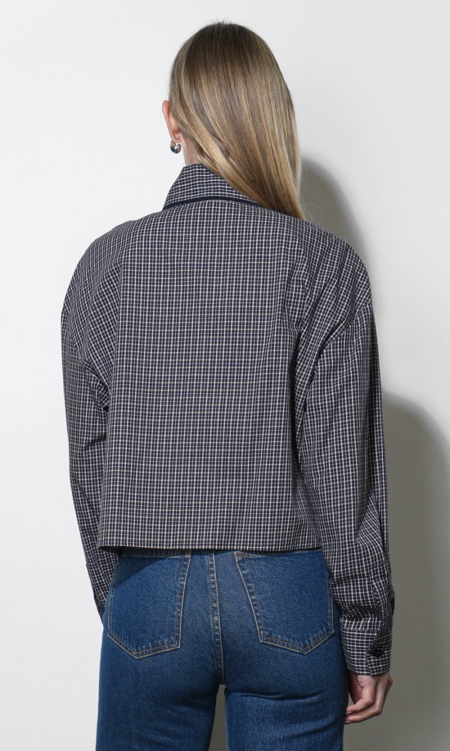 Honey Boxy Tie Neck Checked Button Down Top