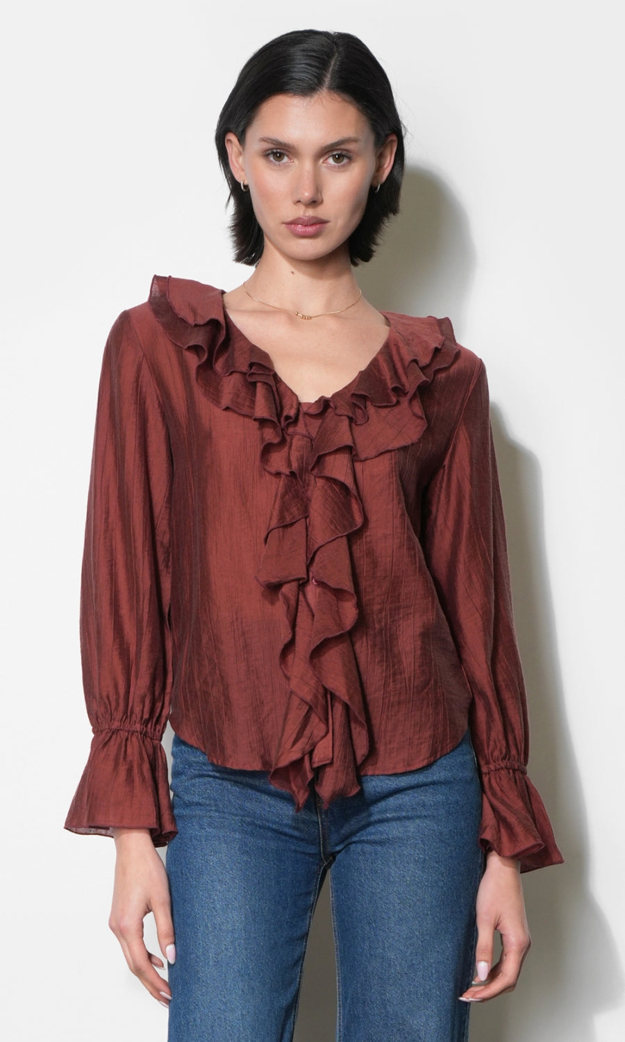 Gemma Cascading Ruffle Button Front Long Sleeve Top