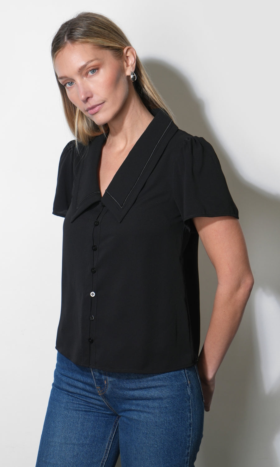 Gaia Sailor Collar Short Sleeve Black Blouse
