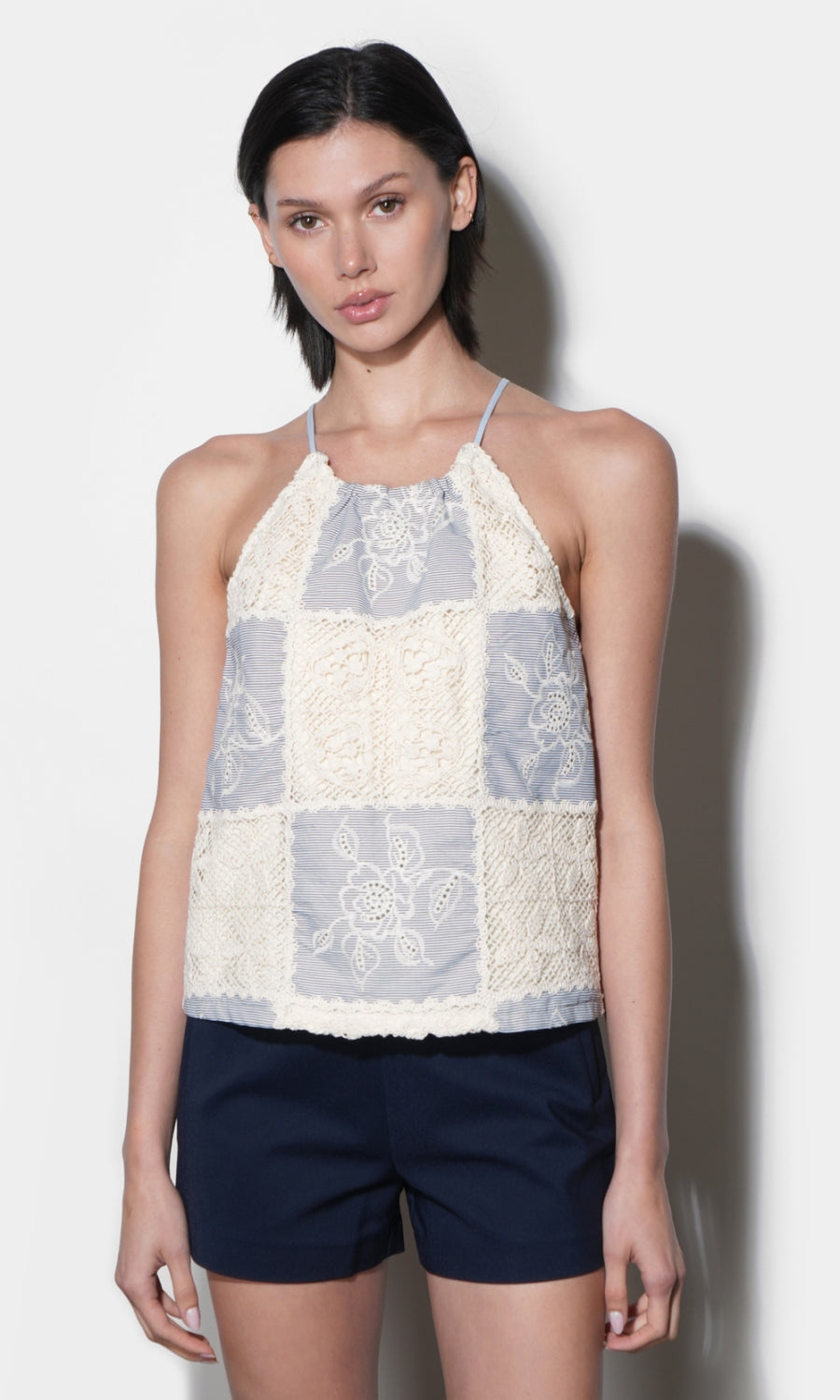 Dakotah Mixed Media Patchwork Halter Top With Tie Back Detail