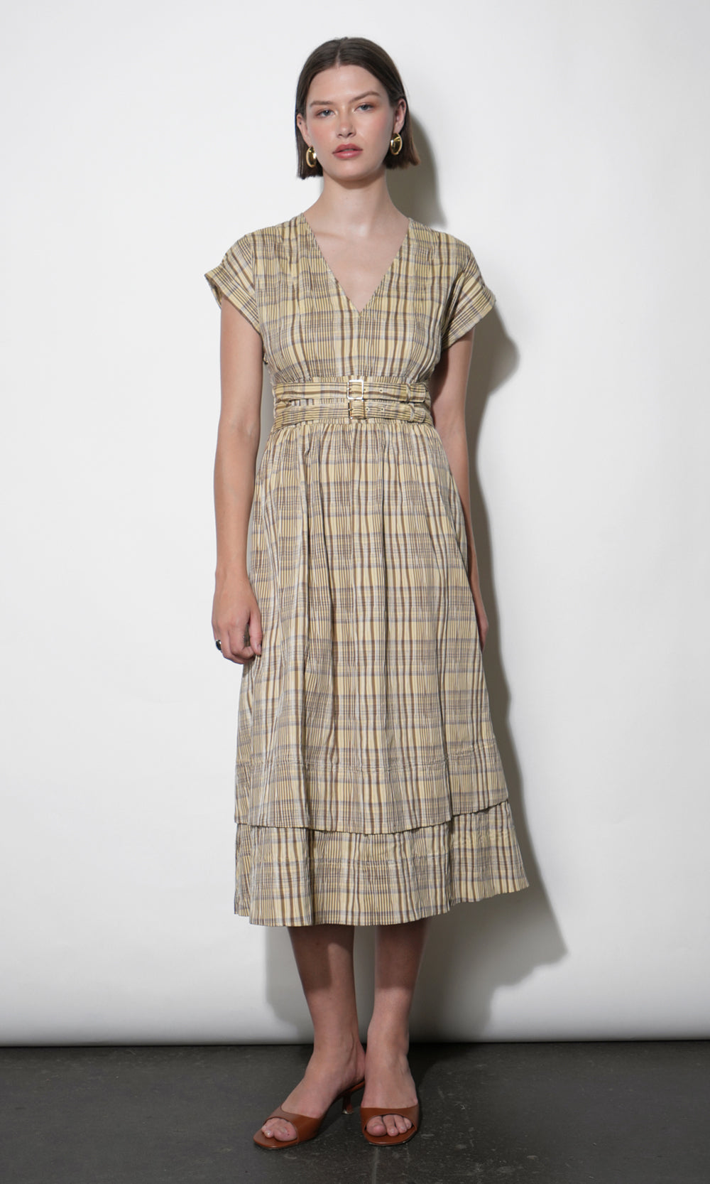 Elizabeth Dolman Sleeve Plaid Belted Midi Dress