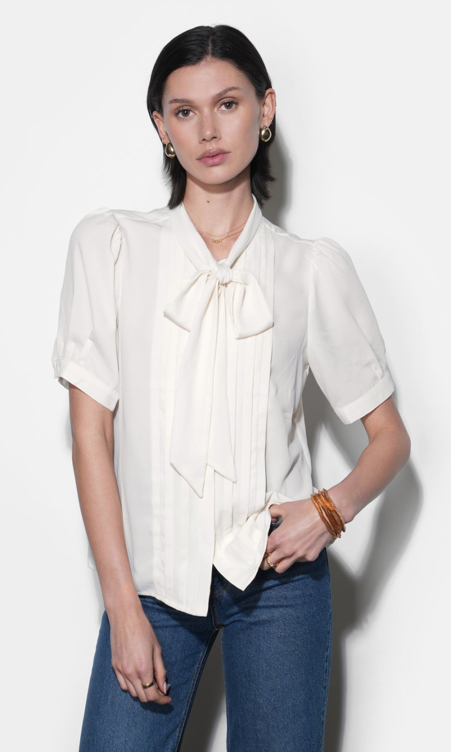 Fatima Pleated Tie Neck Short Sleeve Blouse