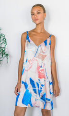 Angelique Watercolor Print Knot Shoulder Slip Mini Dress
