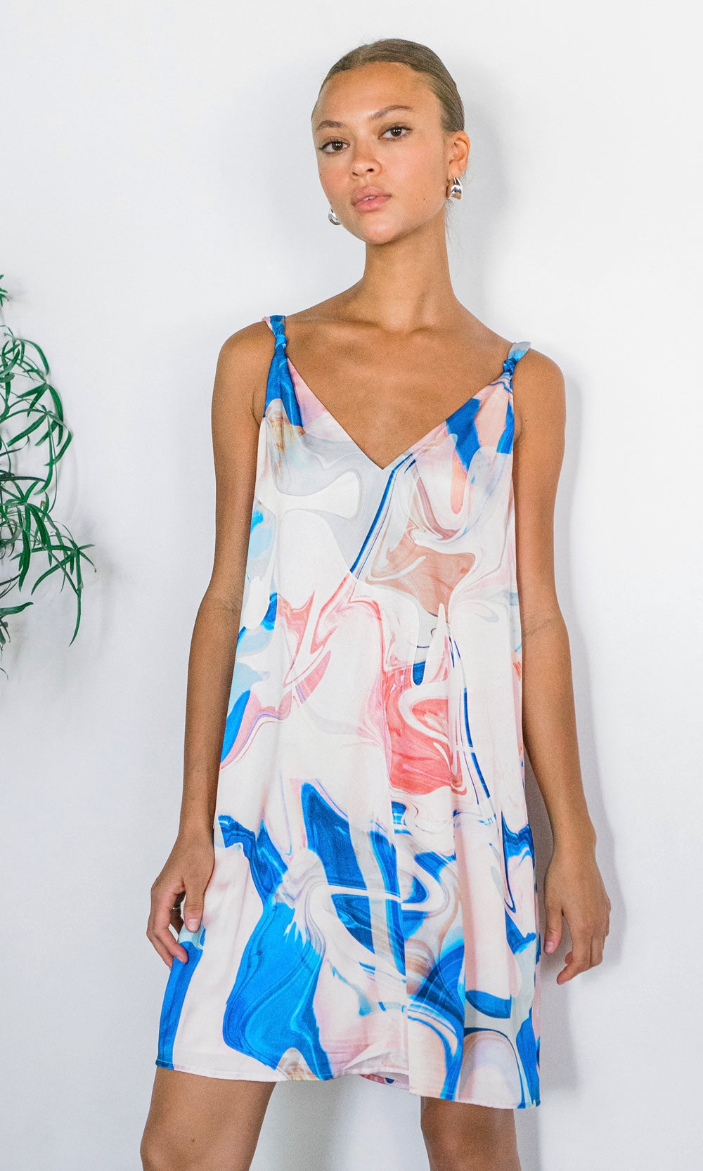 Angelique Watercolor Print Knot Shoulder Slip Mini Dress