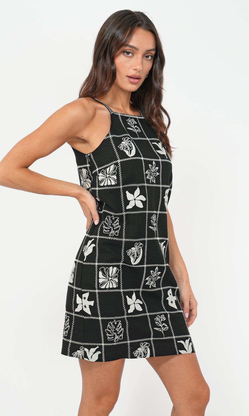Emeri Grid Embroidered Mini Dress