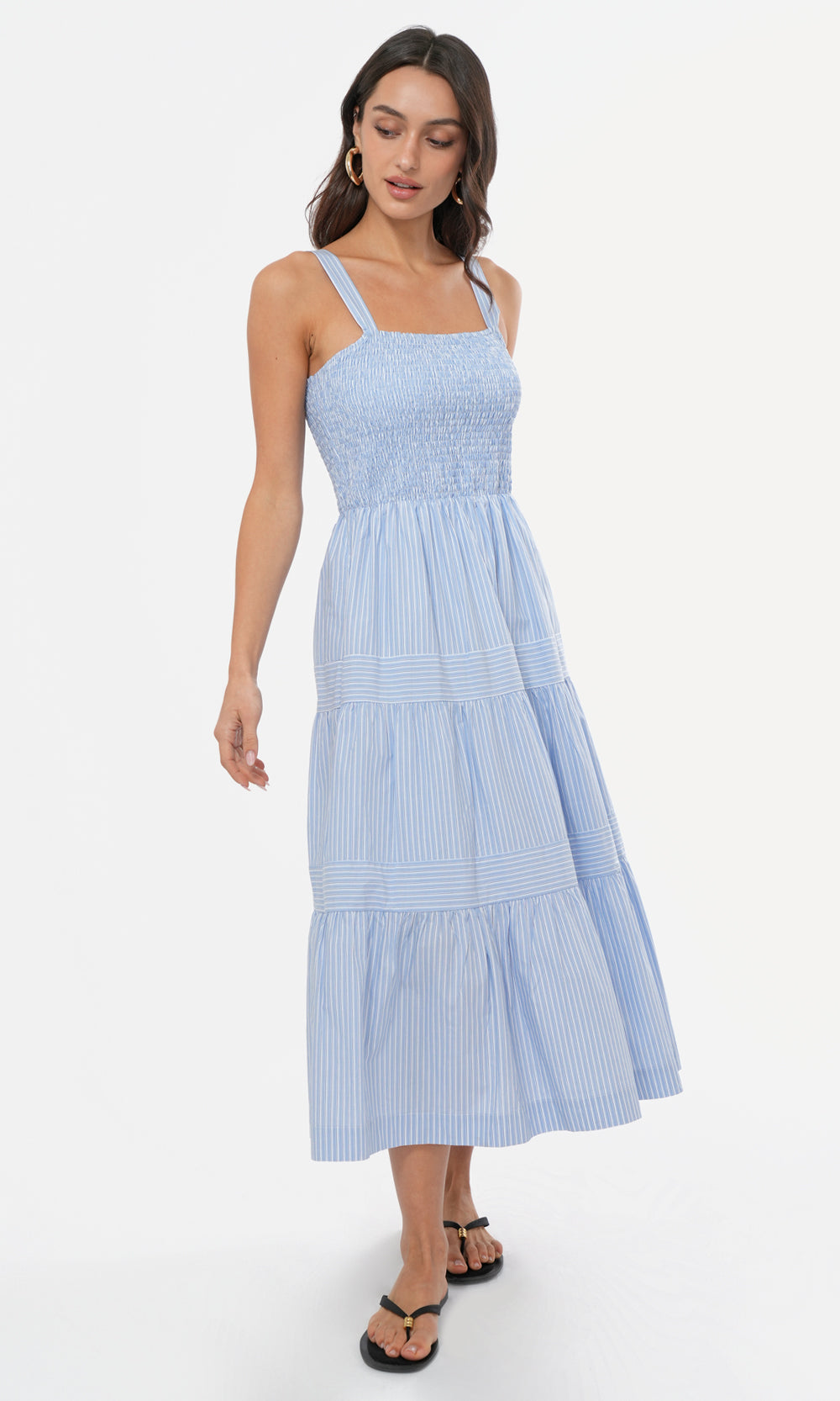 Lisa Stripe Tiered Smocked Midi Dress