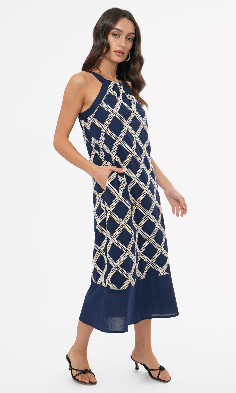 Grid Crochet Work Midi Dress