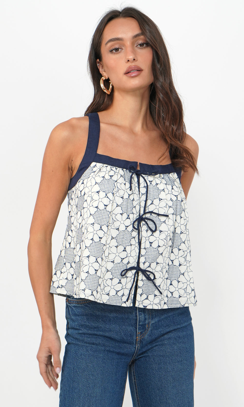 Laira Embroidered Tie Front Top
