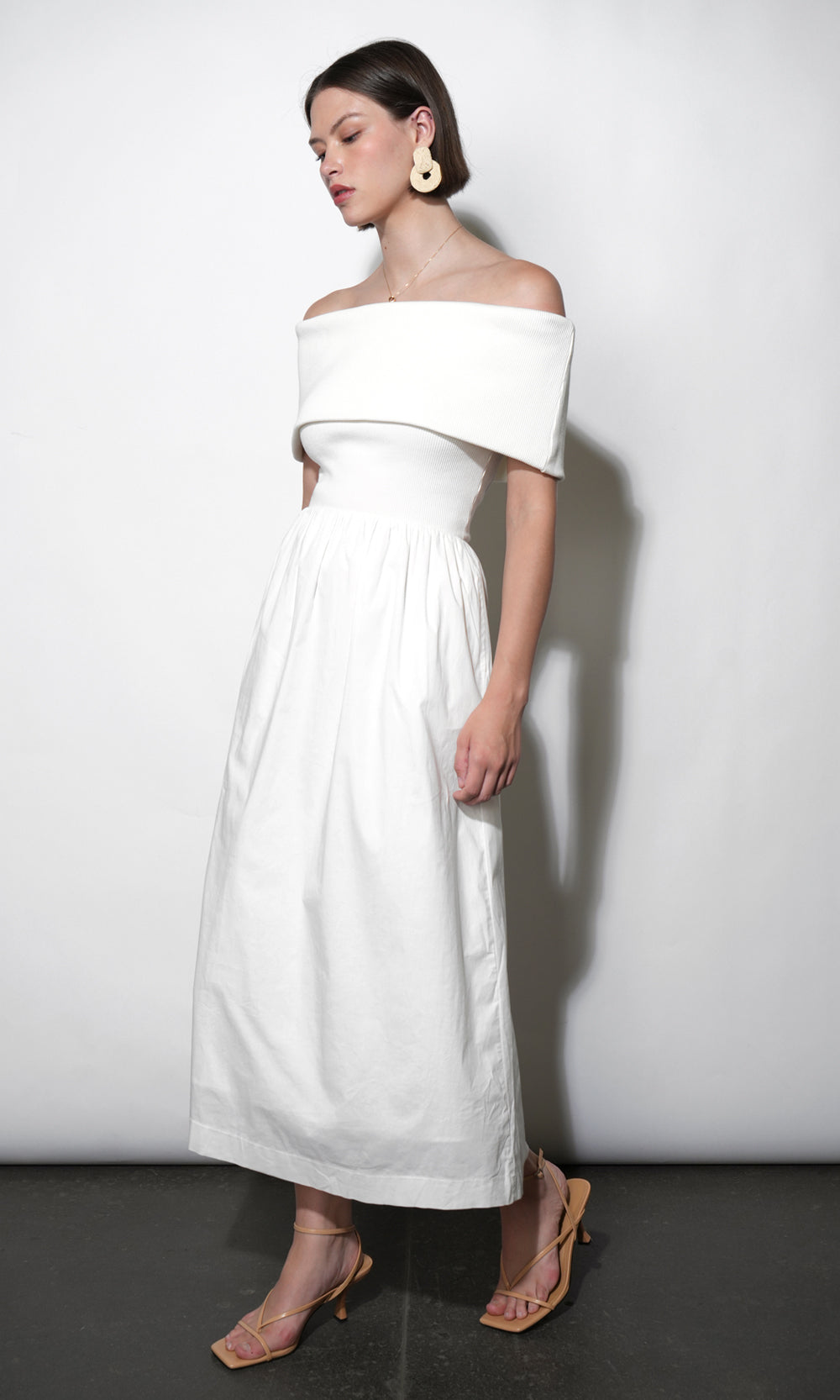 Marjorie Mixed Media Off Shoulder Midi Dress