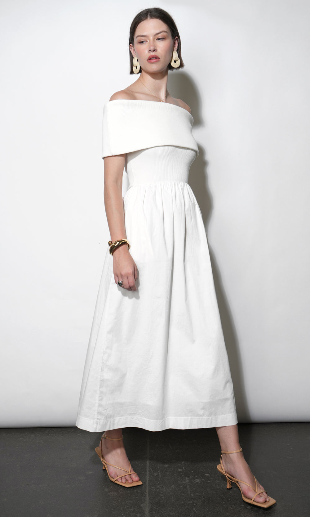 Marjorie Mixed Media Off Shoulder Midi Dress