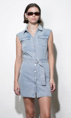 Madison Sleeveless Denim Mini Belted Dress