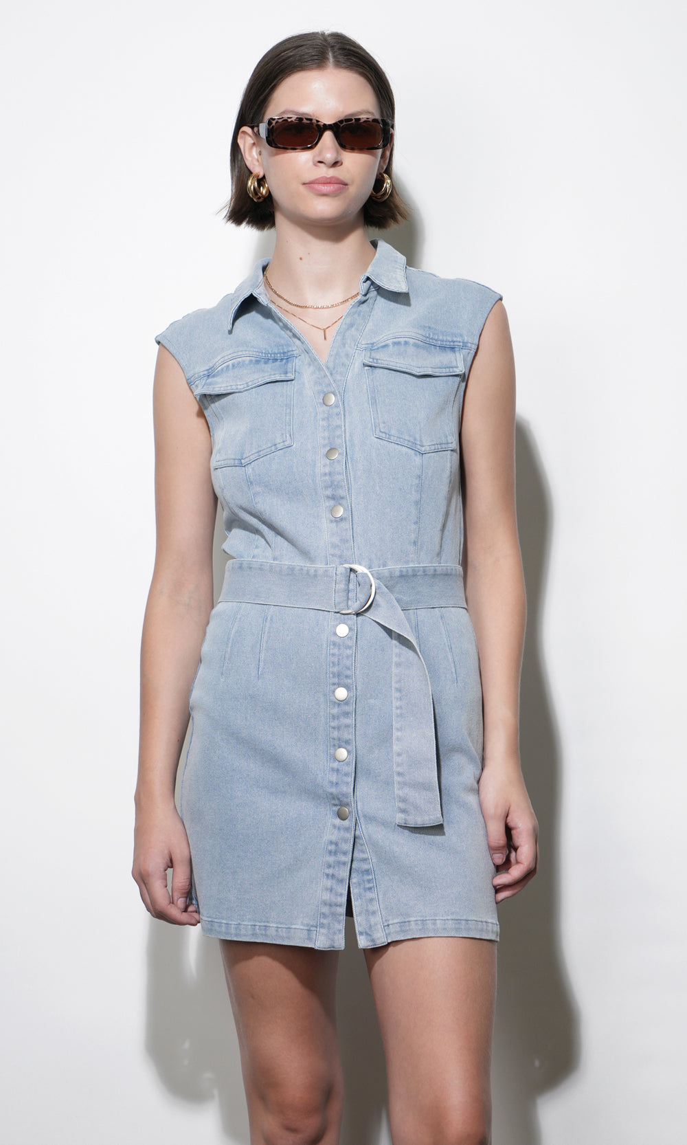 Madison Sleeveless Denim Mini Belted Dress