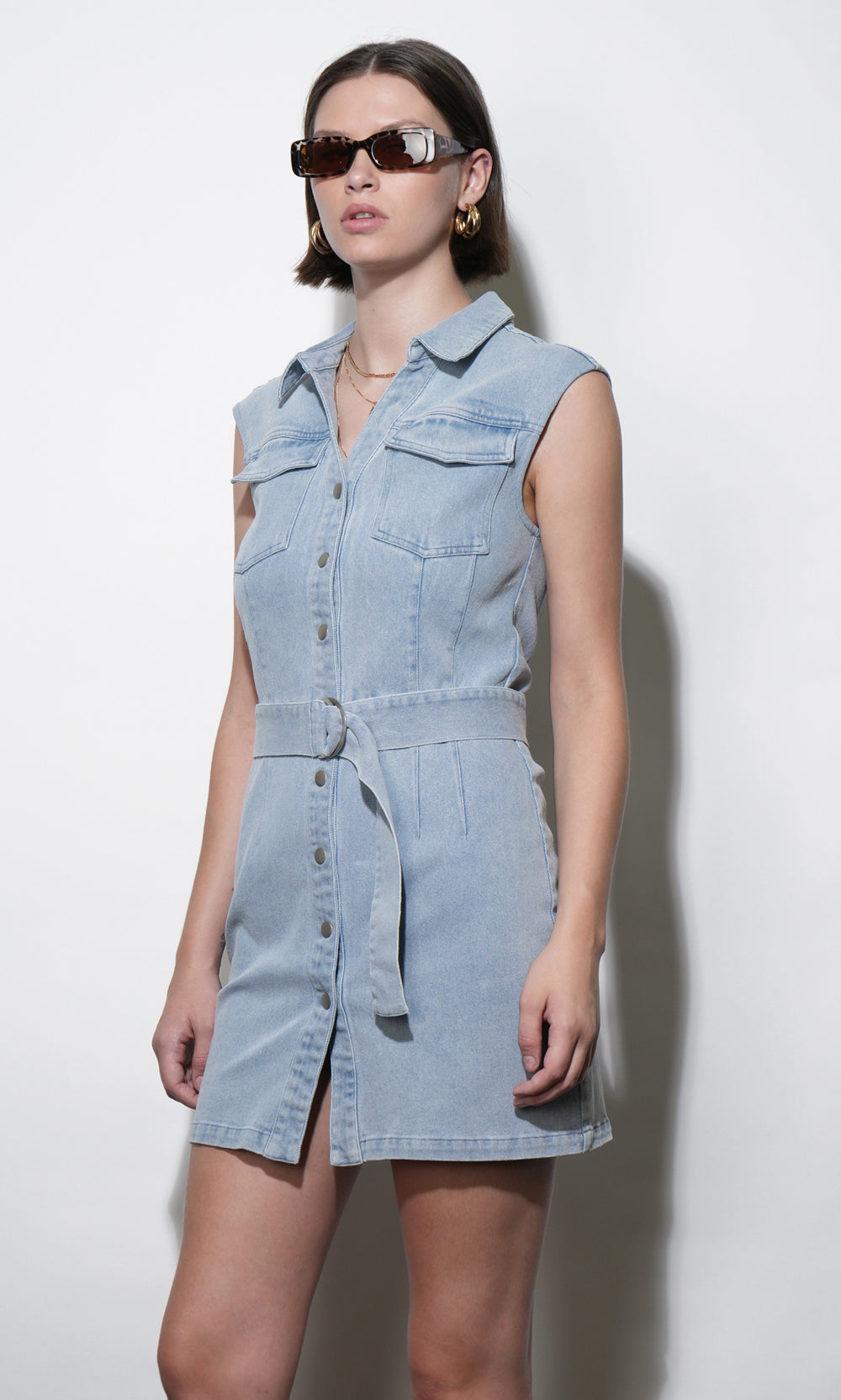 Madison Sleeveless Denim Mini Belted Dress