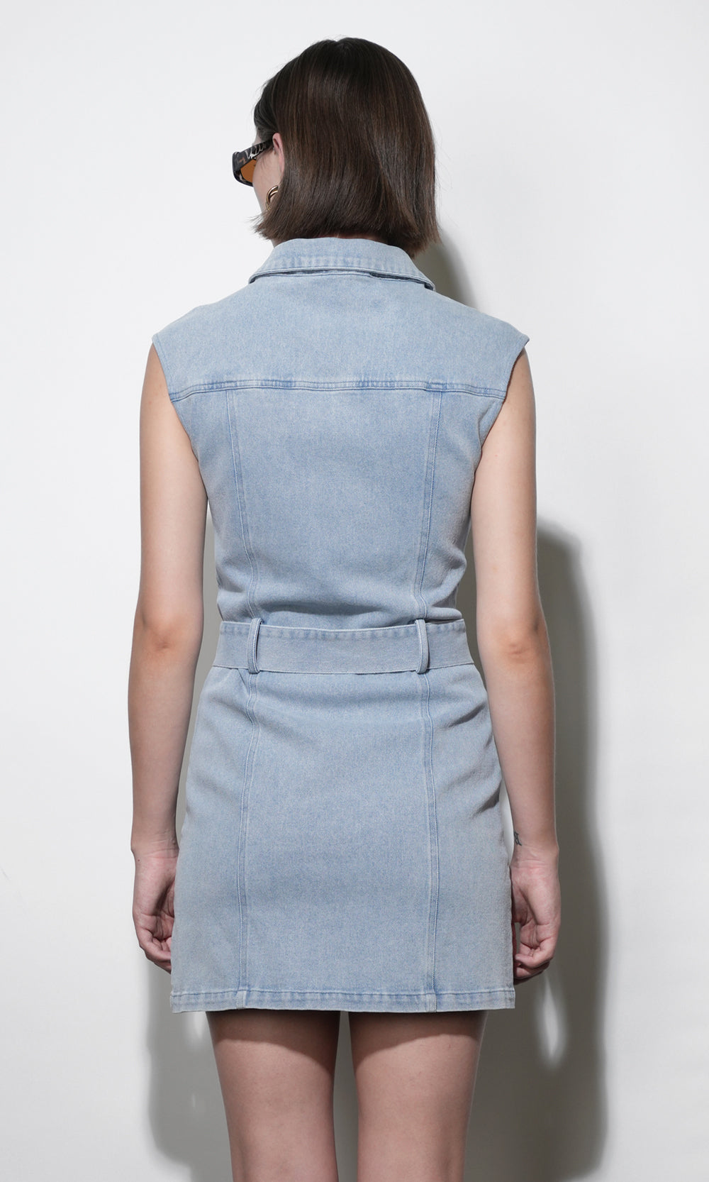 Madison Sleeveless Denim Mini Belted Dress