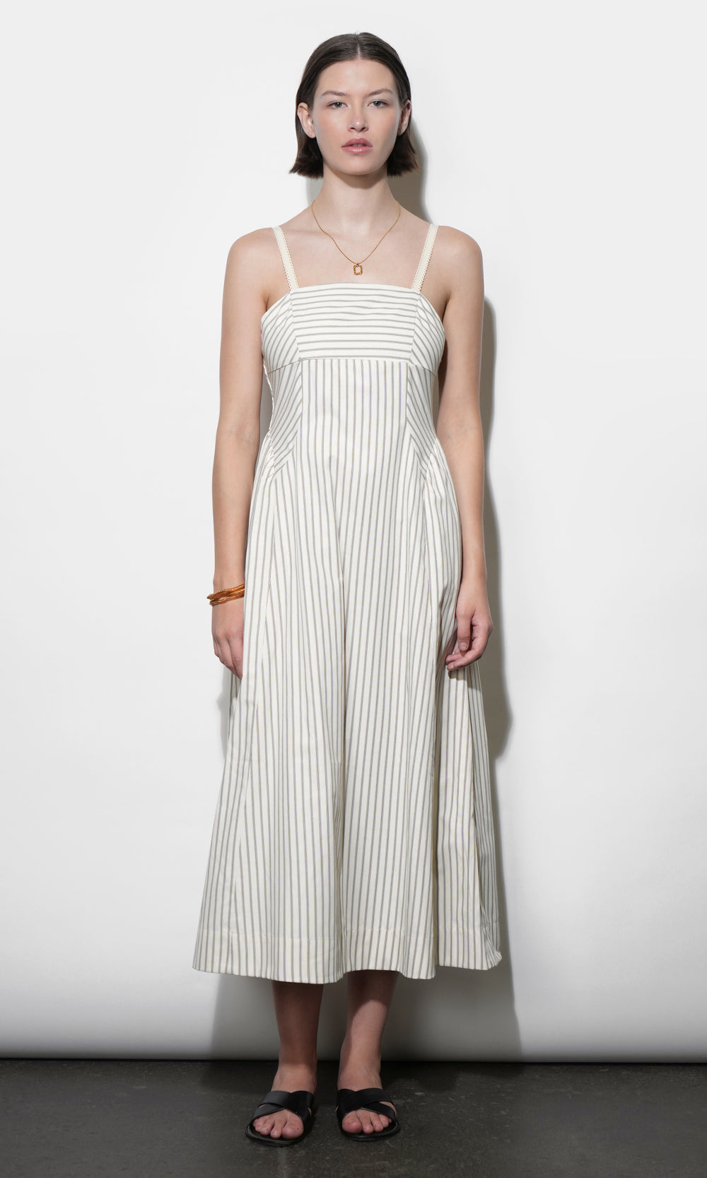 Lyla Gathered Side Sleeveless Stripe Midi Dress