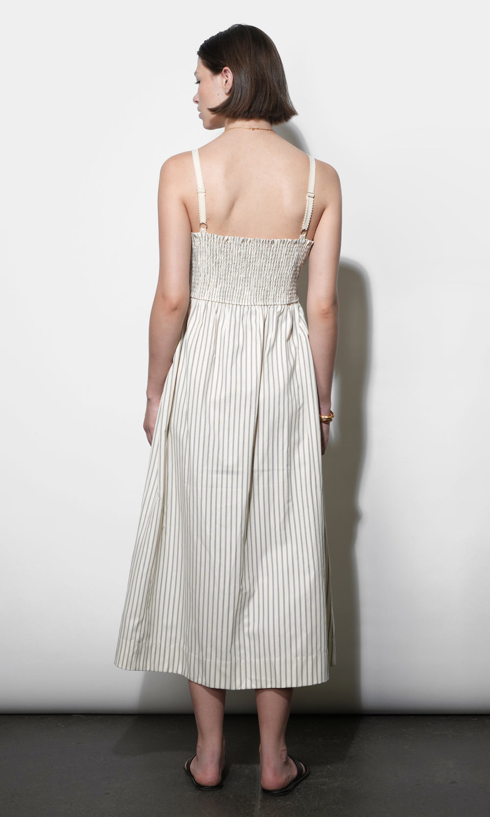 Lyla Gathered Side Sleeveless Stripe Midi Dress