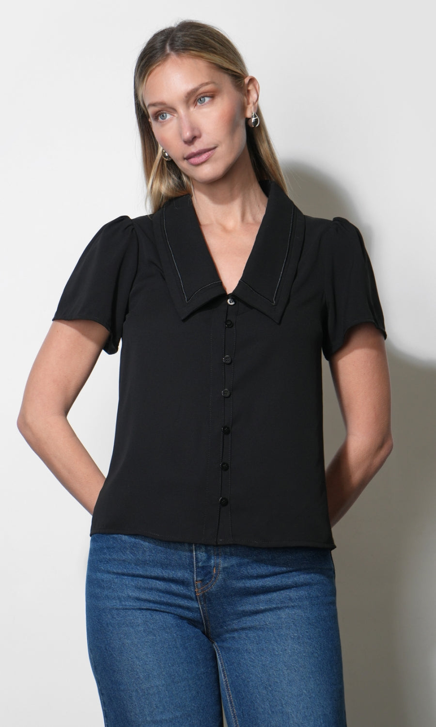 Gaia Sailor Collar Short Sleeve Black Blouse