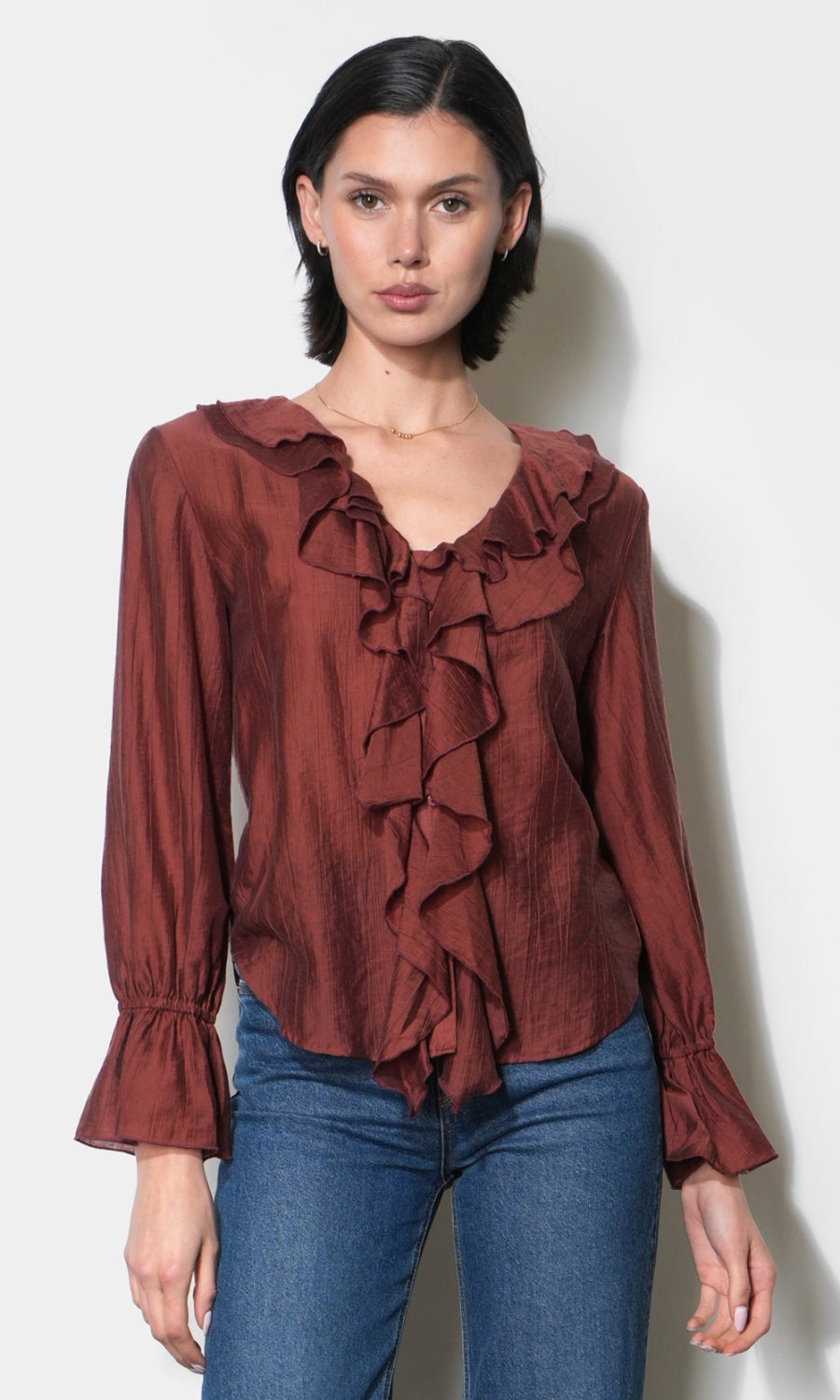 Gemma Cascading Ruffle Button Front Long Sleeve Top