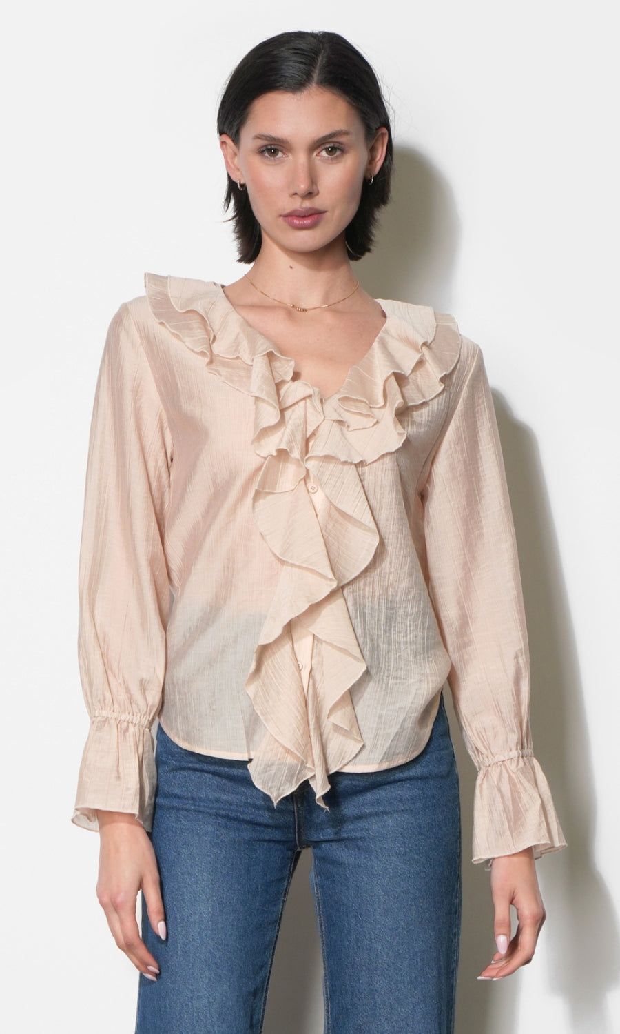 Gemma Cascading Ruffle Button Front Long Sleeve Top