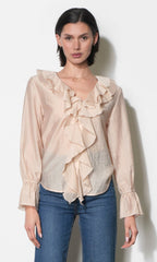 Gemma Cascading Ruffle Button Front Long Sleeve Top