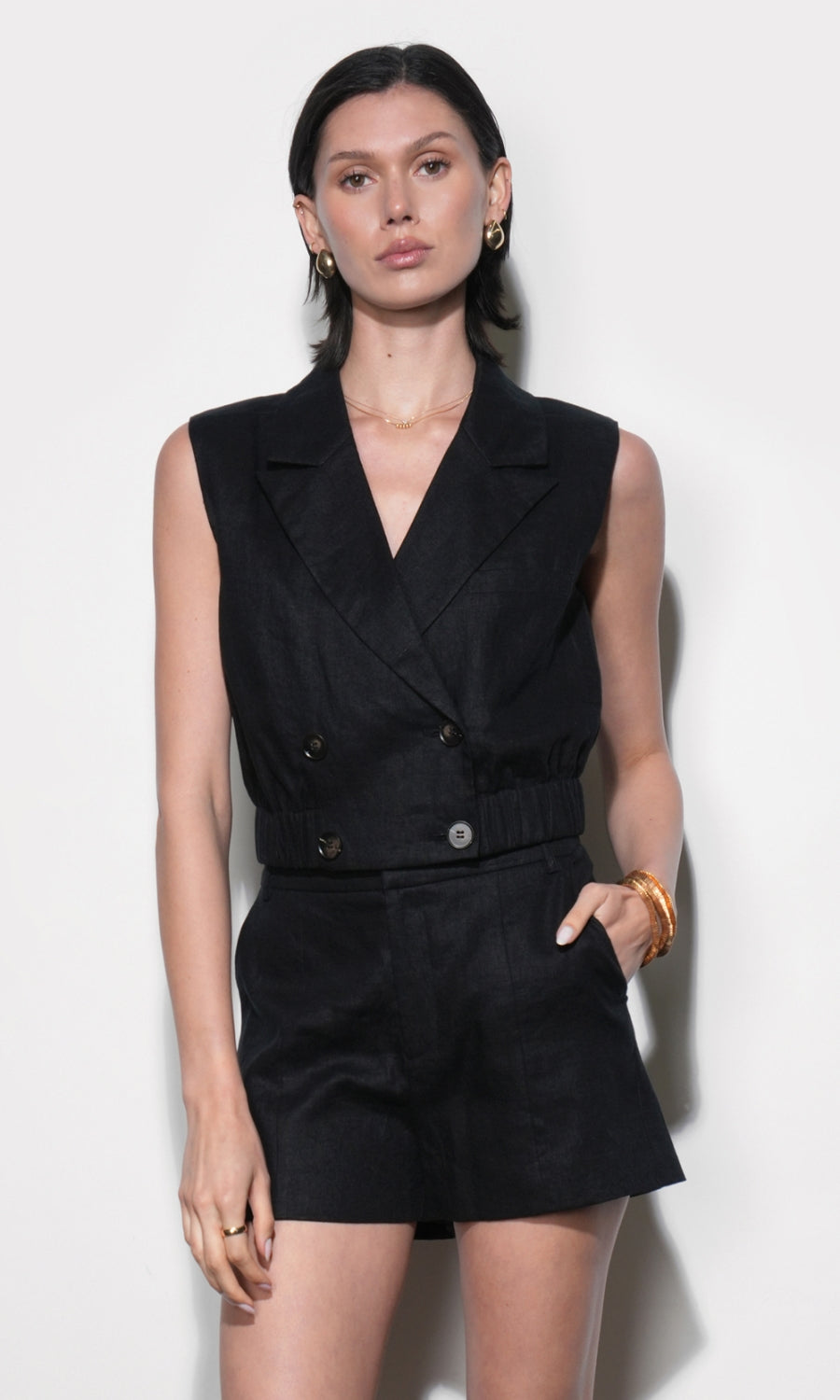 Haisley Linen Lapel Black Vest With Elastic Hem