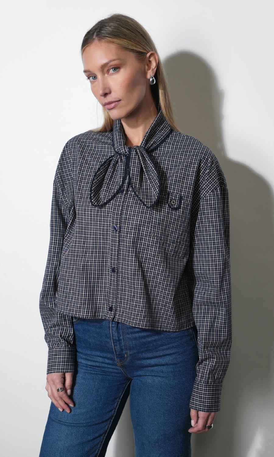 Honey Boxy Tie Neck Checked Button Down Top