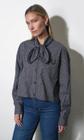 Honey Boxy Tie Neck Checked Button Down Top