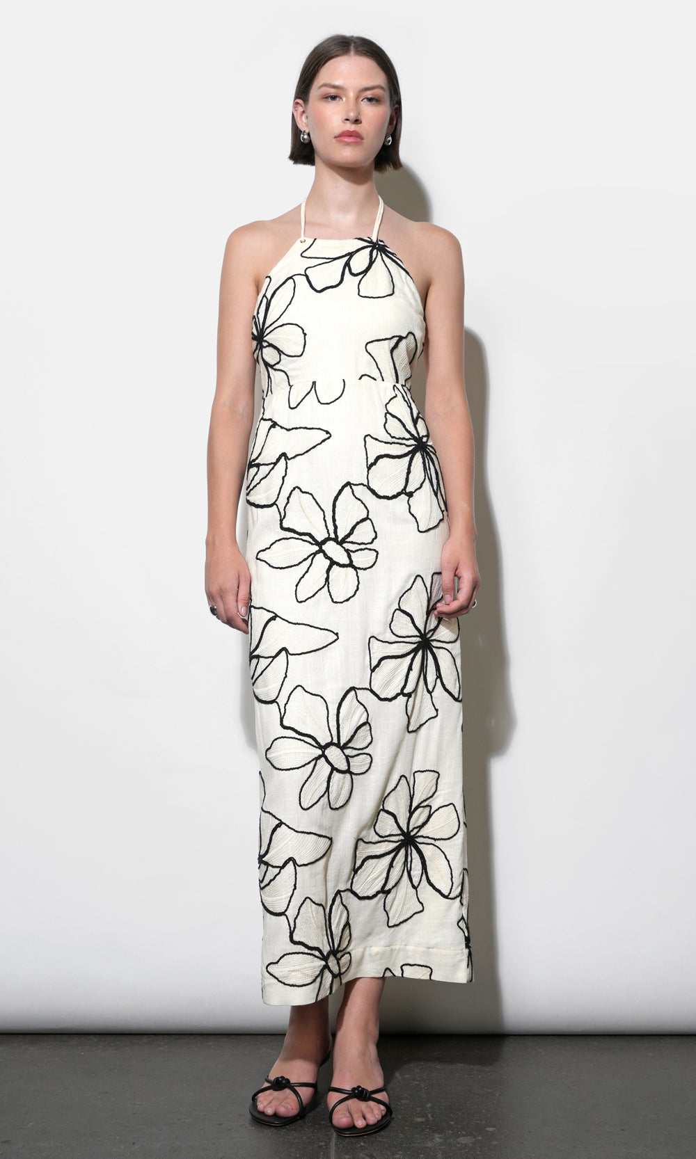 Josie Large Embroidery Floral Halter Midi Dress
