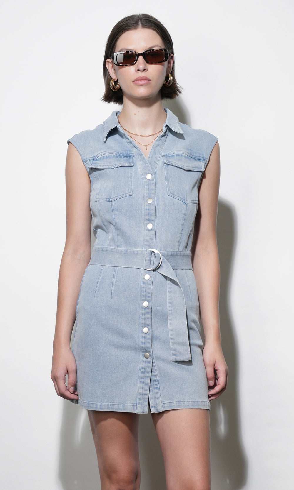 Madison Sleeveless Denim Mini Belted Dress
