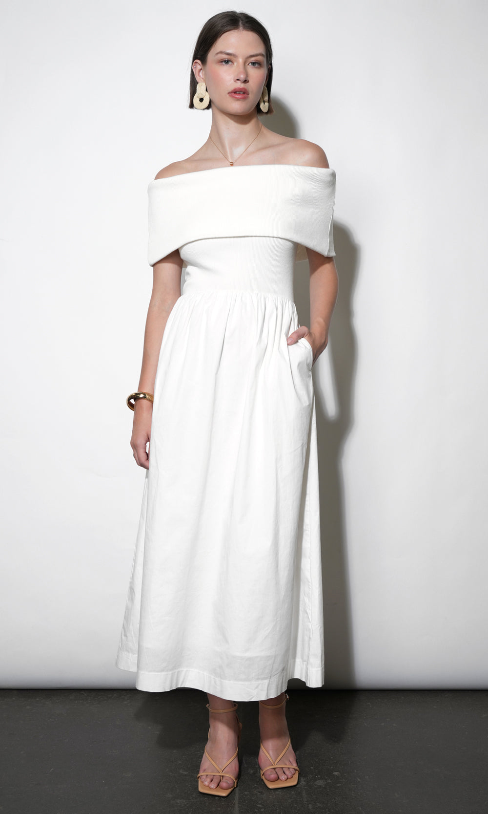Marjorie Mixed Media Off Shoulder Midi Dress