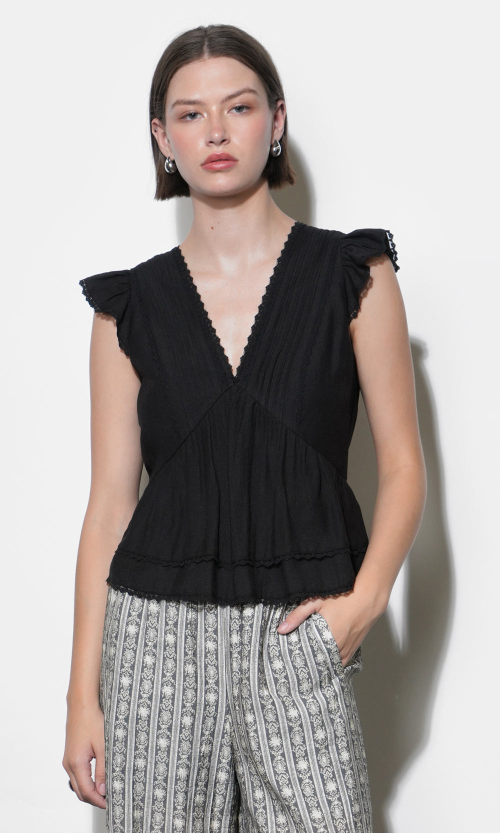 Victoria Pin Tuck Flutter Sleeve Black Top