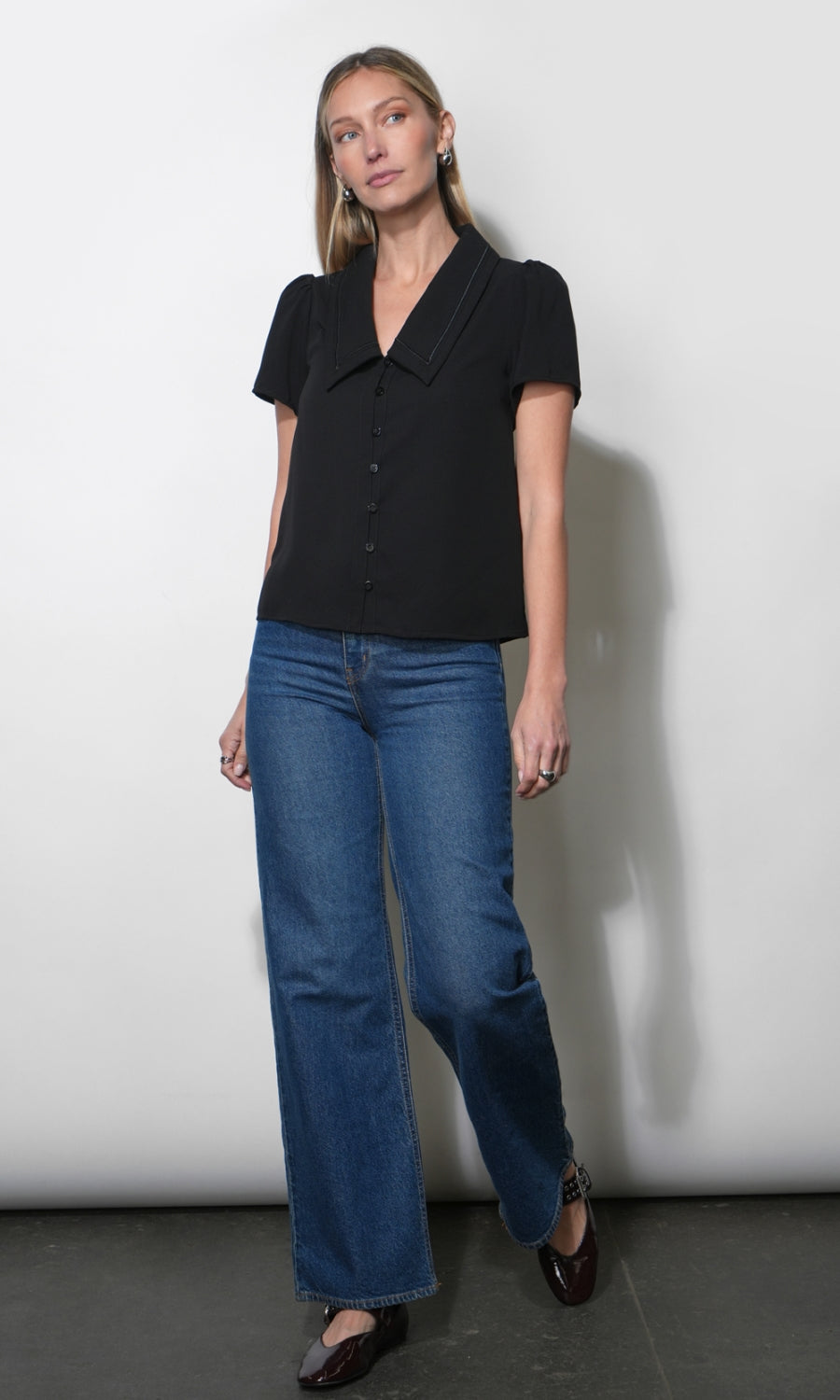 Gaia Sailor Collar Short Sleeve Black Blouse