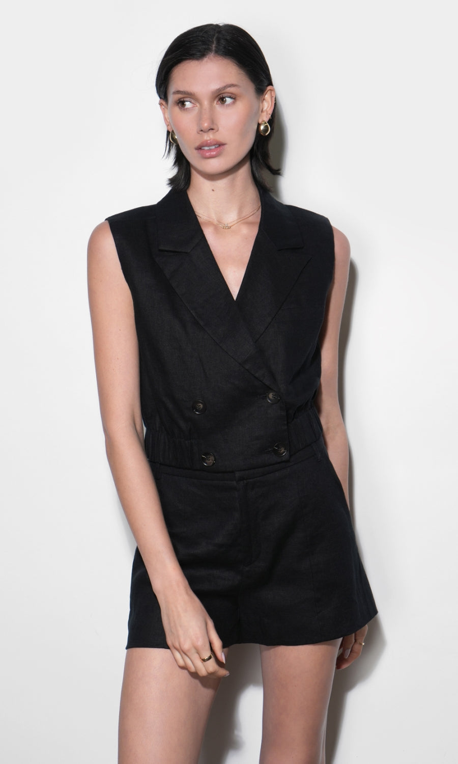 Haisley Linen Lapel Black Vest With Elastic Hem