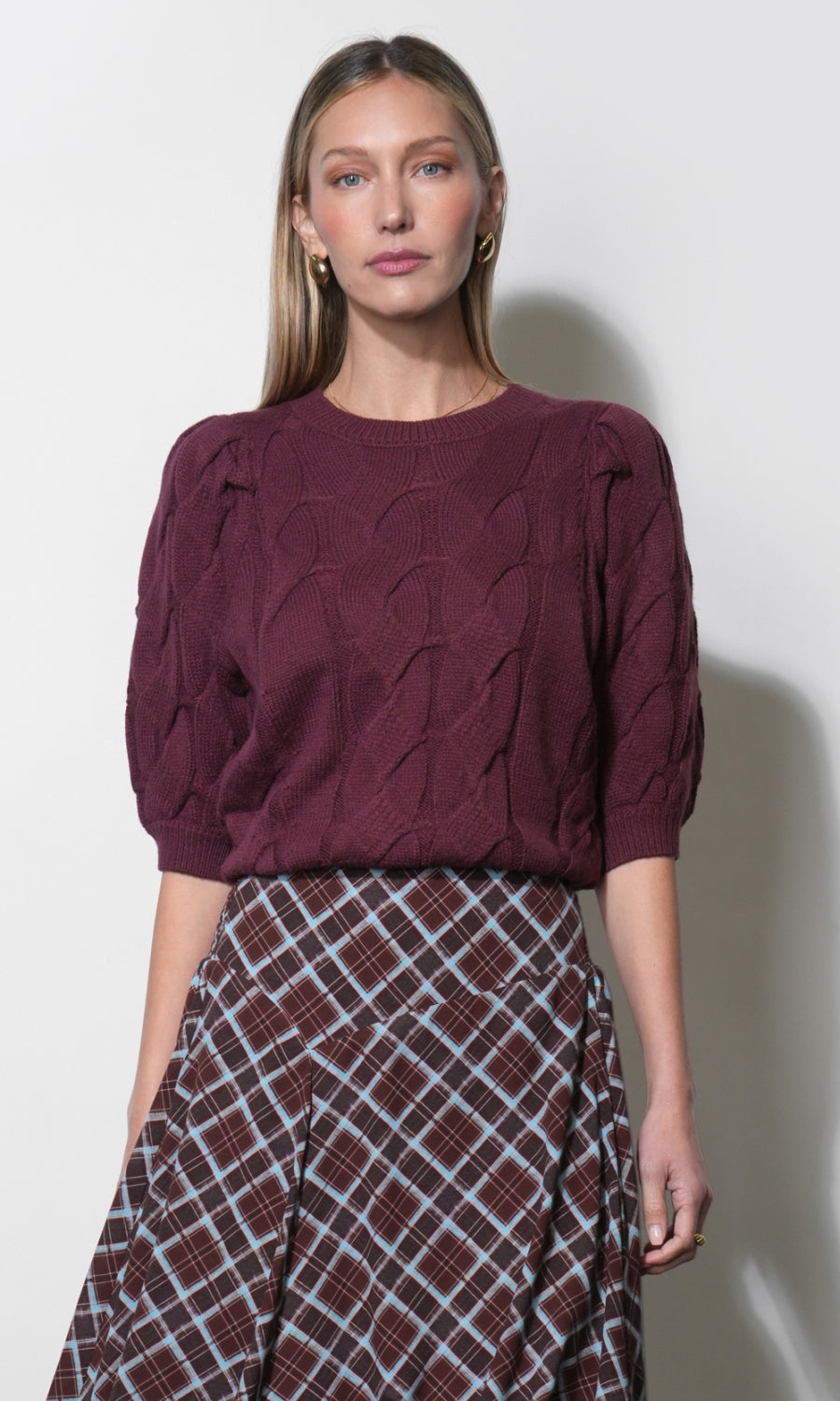 Hallie Cable Knit Puff Sleeve Sweater Top